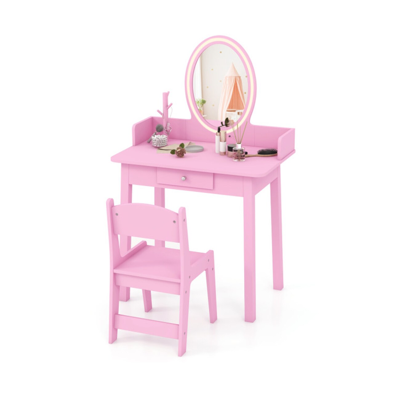 Kids Pink Vanity Table and Chair Set with LED Lighted Mirror Storage Drawer and Detachable Mirror for 3-8 Years Old